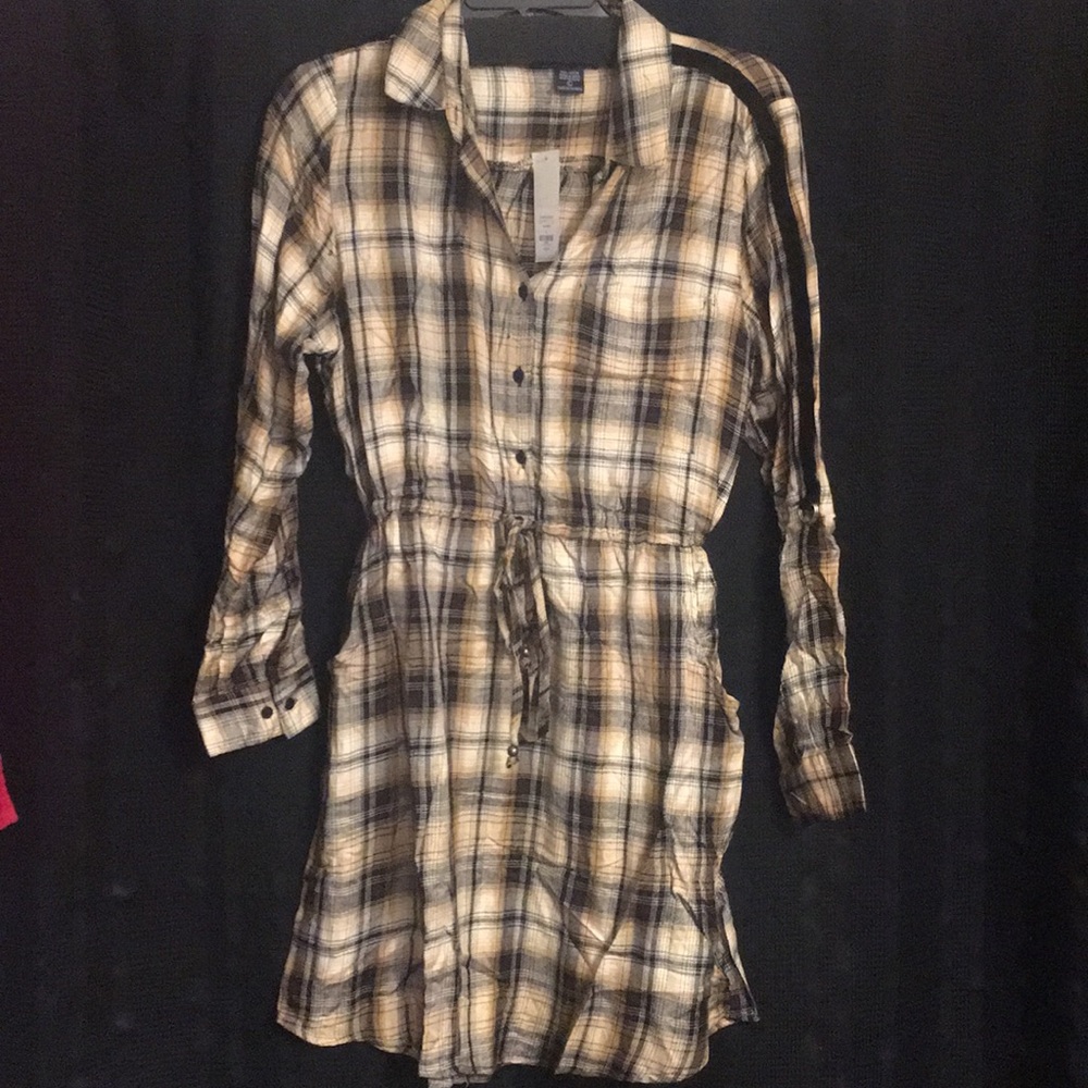 NWT Brown/tan plaid shirt dress w/pockets L